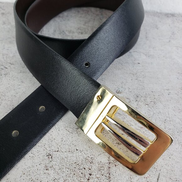 Vintage Spain Art Deco Leather Belt Black Gold Buckle Classic Elegant Minimalist - Picture 9 of 9